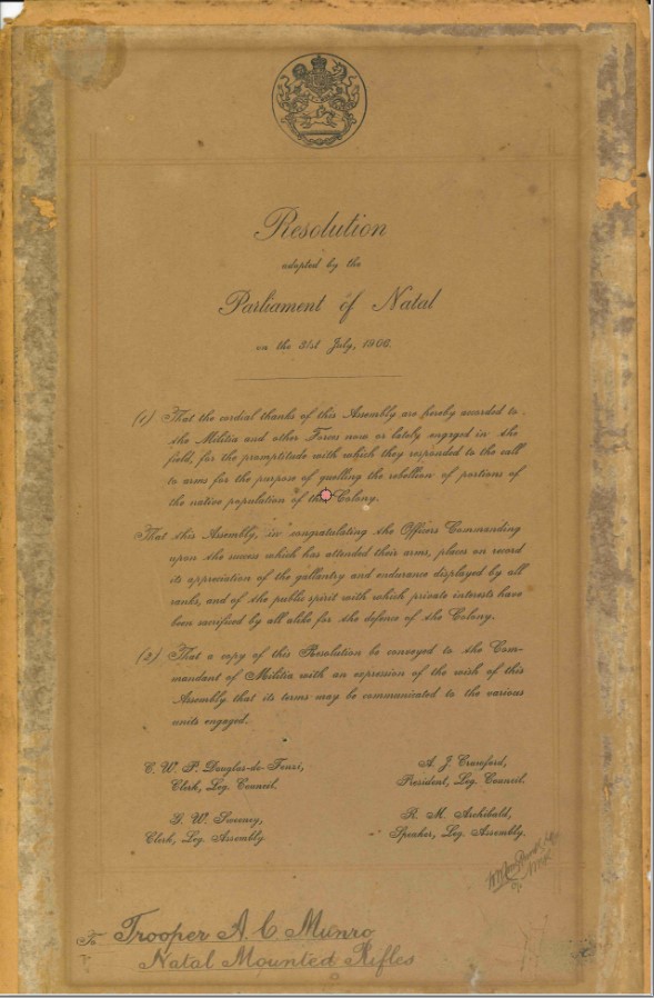 Natal Medal 1906 Award Certificate